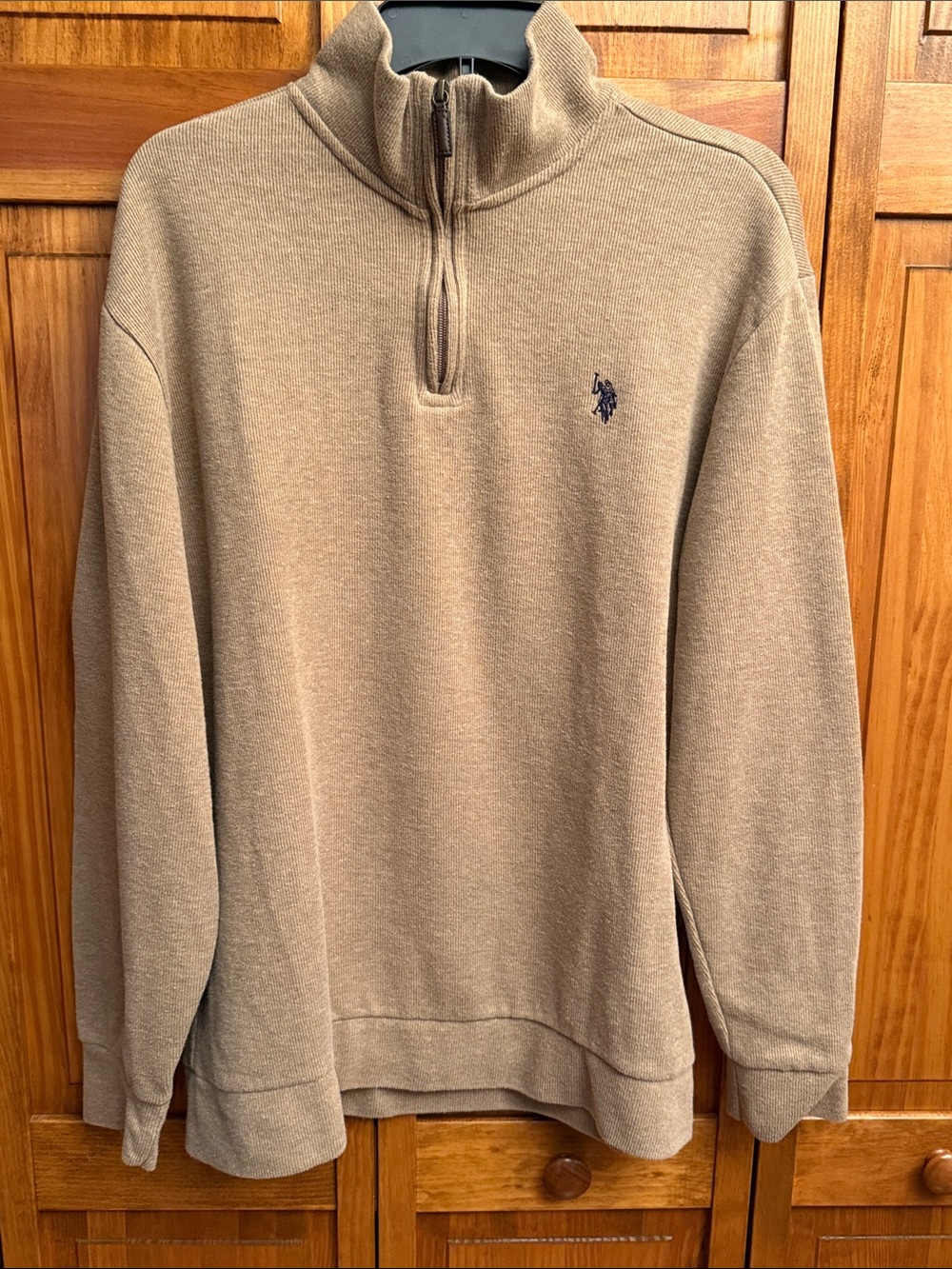 U.S. Polo Assn. Men's Quarter-Zip Sweater in Tan with Navy Logo